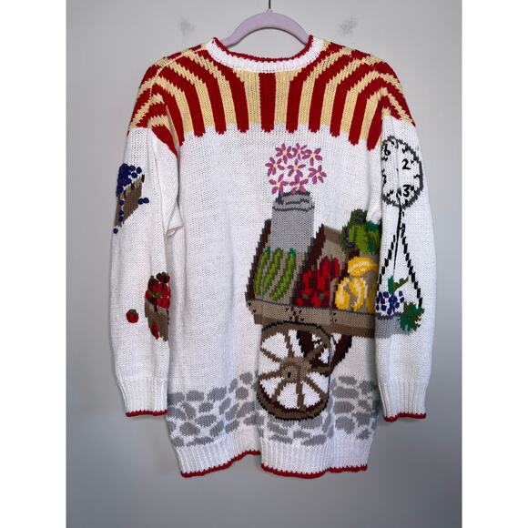 1990s Design Options Farmers Market Produce Art To Wear Fruits Scenic Cardigan L - Picture 7 of 7